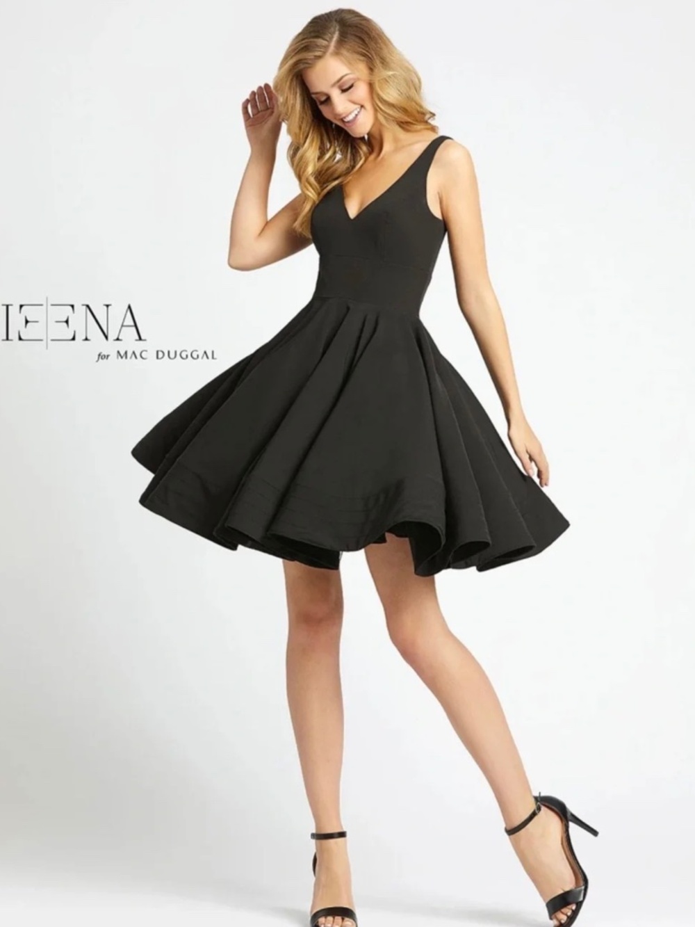 Ieena by Mac Duggal Black V-Neck Fit & Flare Mini Dress size 14